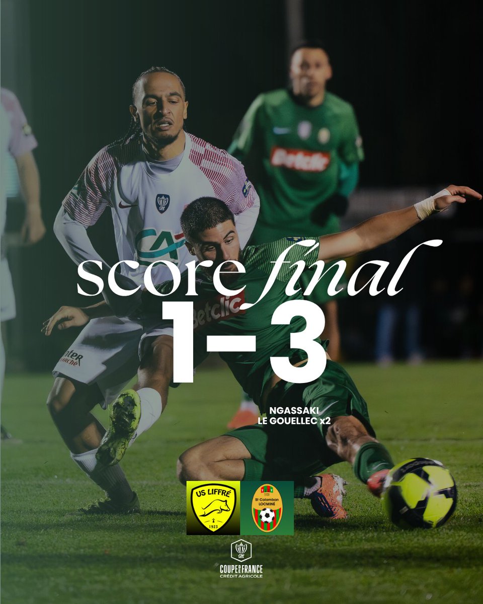 𝘛𝘦𝘳𝘮𝘪𝘯𝘦́

La Saint-Co s’impose 3-1 face à Liffré et se qualifie pour le 7e tour de la <a href="/coupedefranceCA/">Coupe de France Crédit Agricole</a> ! 

Félicitations à Liffré pour son beau parcours et bonne fin de saison 👏