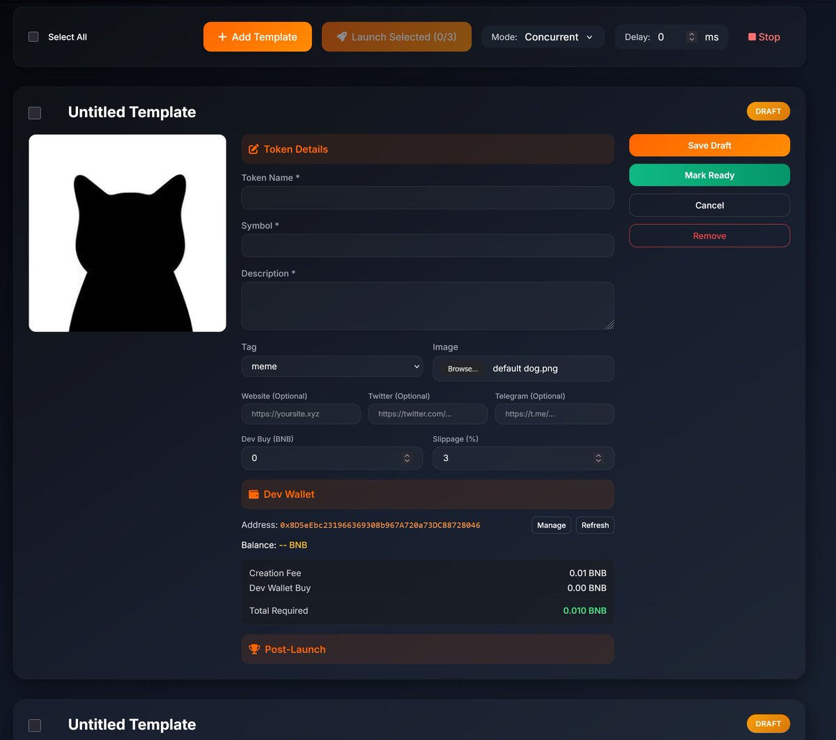 🚨WIP

Working on a multi-token launcher for four.meme. 

Not really sure why but i thought it would be cool if you could prefill a bunch of tokens you want to create and then launch them at the same time 🤷‍♂️

$BNB $BSC #BNB #BNBChain #BSC