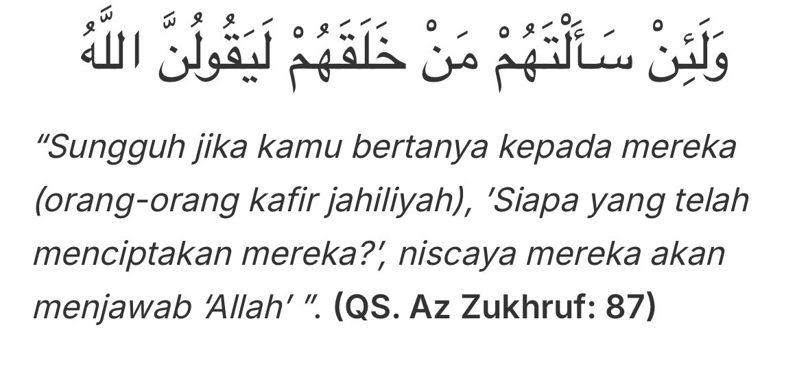 lilaccountz's tweet photo. Org org jahiliyah alias kaum kafir Quraisy juga mengimani Allah kok. Malah mereka bertauhid rububiyyah, yaitu meyakini bahwa Allah Rabb semesta alam. Meyakini Allah yg menciptakan seluruh alam dan isinya.

Tapi mereka tetep kafir, karena ga bertauhid uluhiyyah, yaitu mereka gamau meyakini dan mengakui bahwa Allah satu satunya ilah yg berhak disembah. Mereka malah nyembah patung/berhala yg mereka yakini itu cuma perantara mereka buat doa ke Allah.

Itu bedanya kita sama mereka.

Klo muslim, selain mesti yakin Allah pencipta alam, jg yakin klo Allah satu satunya yg berhak disembah. Gaada lg selain Allah