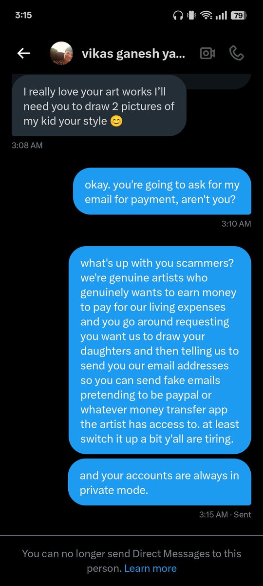 nyekoni_'s tweet photo. lmao they blocked me. serves you right. do be aware of these messages especially the new artists here! #artmoots #oomf #scammers #commissionscam https://t.co/gDnXgJnytg