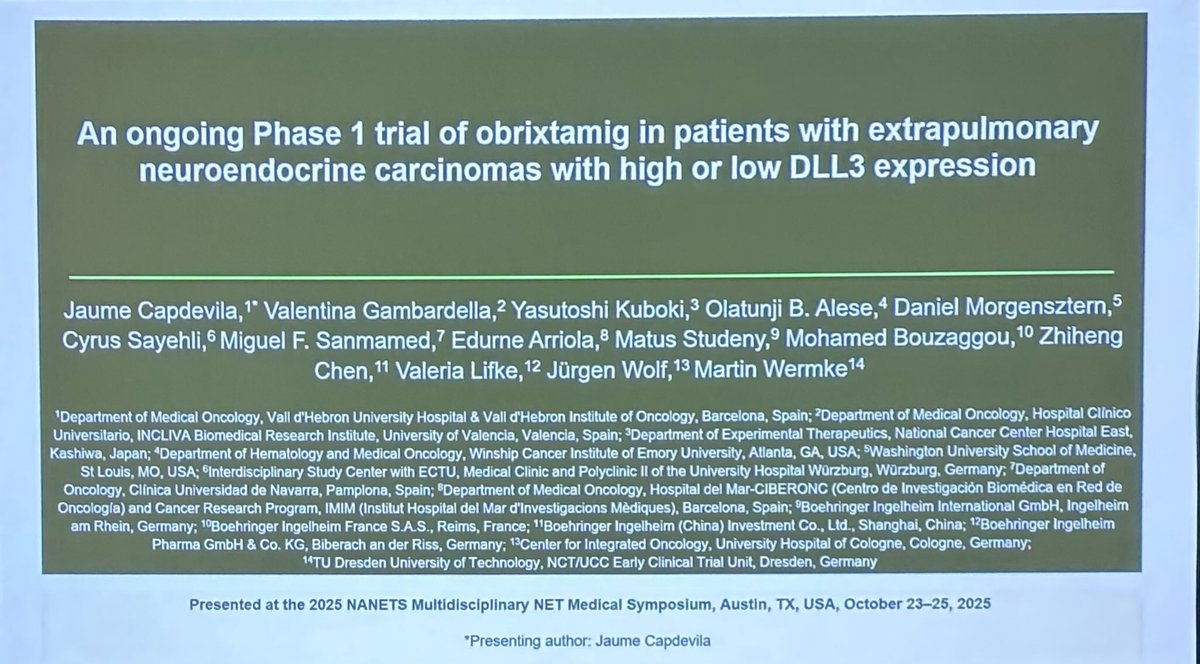 HKennecke's tweet photo. #NANETS25. Tumor DLL3 high (50%+) is a strong biomarker of response to #obrixtamig in epNECs. Large cohort of patients, congrats ⁦@Ja_Capdevila⁩ ét al.
⁦@NANETS1⁩ ⁦@boehringerus⁩ https://t.co/boVzjxjzv1