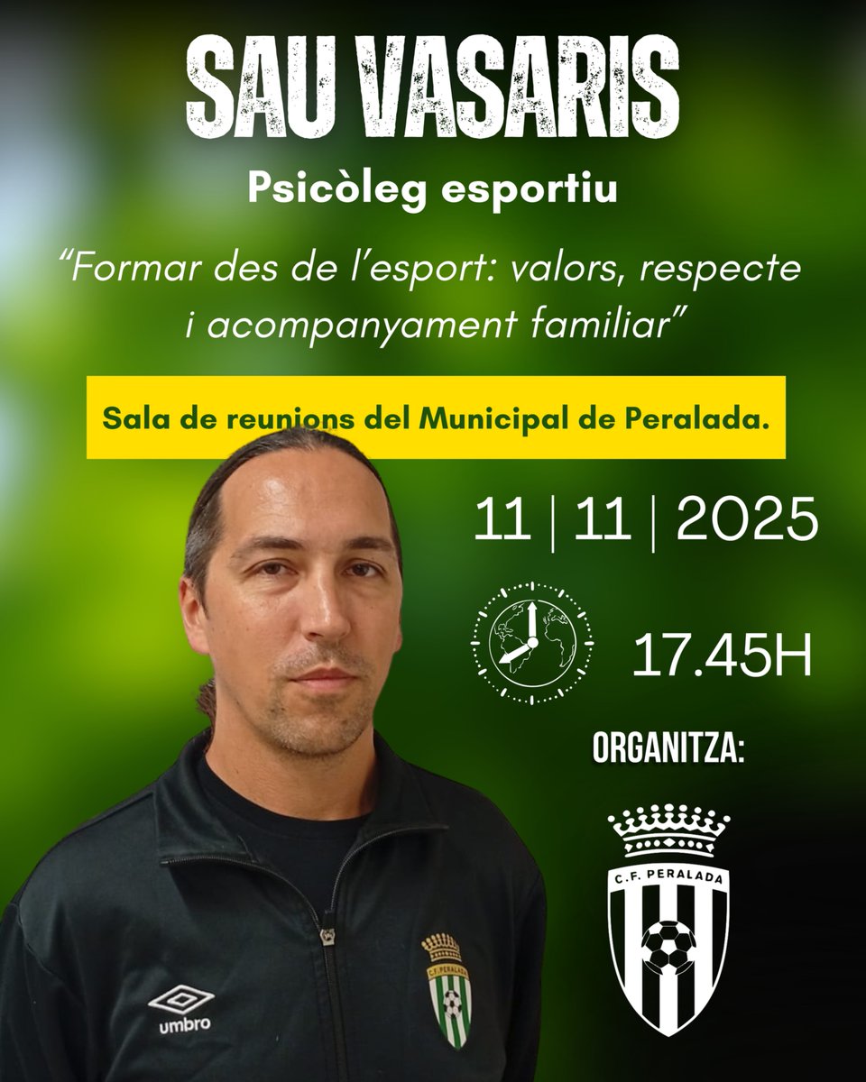 💚⚔️ 𝗫𝗲𝗿𝗿𝗮𝗱𝗮 𝗮𝗺𝗯 <a href="/SauVasaris/">Sau Vasaris</a> 📢

Psicòleg esportiu

🧠 “Formar des de l’esport: valors, respecte i acompanyament familiar” 💚
📅 Dimarts, 11 de novembre
🕔 17.45 h
📍 Sala de reunions  del Municipal de Peralada

Gràcies: <a href="/CollVerdFoie/">CollVerd</a> .  <a href="/optipunt/">Optipunt</a> . <a href="/qualiafigueres/">Qualia Figueres</a> 🙌