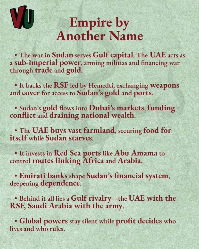The war in Sudan exposes a quiet and deliberate empire.
The UAE moves through gold markets and farmland deals, using wealth as a political weapon.
Sudan’s soil, rich and wounded, feeds foreign profit while its people remain hungry and displaced.
Every shipment of gold to Dubai