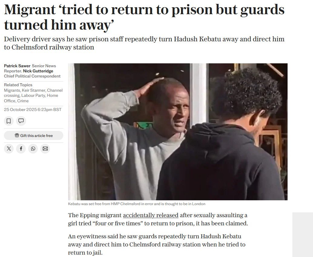 Basil_TGMD's tweet image. 🚨EPPING ILLEGAL MIGRANT TRIED TO RETURN TO PRISON
This just gets worse and worse 🤦
Hadush Kebatu was DIRECTED by the PRISON GUARDS to  Chelmsford RAILWAY STATION
He tried to return to prison FOUR OR FIVE TIMES and was told NO
This screams something far sinister going on