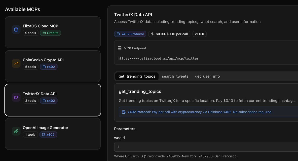 cjft (@_cjft) on Twitter photo elizaOS team is cooking on x402 non-stop as apart of our upcoming Eliza Cloud launch.
You will be able to ship agents into a ERC-8004 swarm, with our hosted trust layer, powered by MCP x402 plugins.
Alongside our first in-house API key system and container deployments for CLI. elizaOS team is cooking on x402 non-stop as apart of our upcoming Eliza Cloud launch.
You will be able to ship agents into a ERC-8004 swarm, with our hosted trust layer, powered by MCP x402 plugins.
Alongside our first in-house API key system and container deployments for CLI.