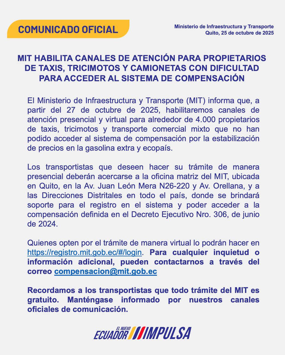 📍#Comunicado | A partir del 27 de octubre, habilitamos canales de atención presencial y virtual para propietarios de taxis, tricimotos y camionetas que no han podido acceder al sistema de compensaciones por la estabilización de precios del combustible.

Más información ⤵️