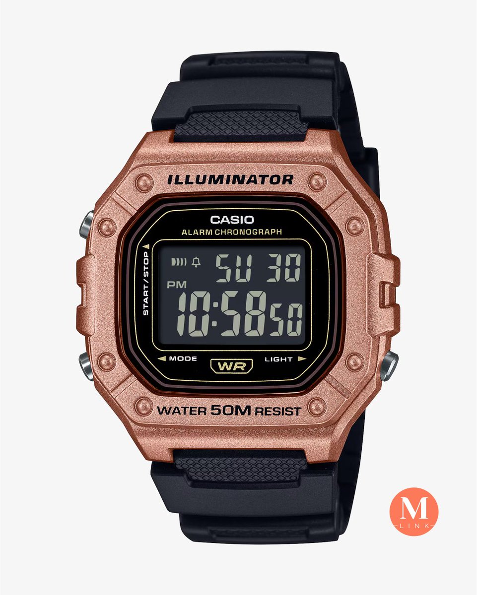 marcolinolink's tweet image. O Casio W-218HM-5BVEF é um relógio digital da coleção Timeless, que combina design moderno com praticidade para o dia a dia. Com um elegante tom de rosa dourado no estojo de resina e mostrador preto, oferece um visual versátil.

#Casio #marcolinolink #timeless