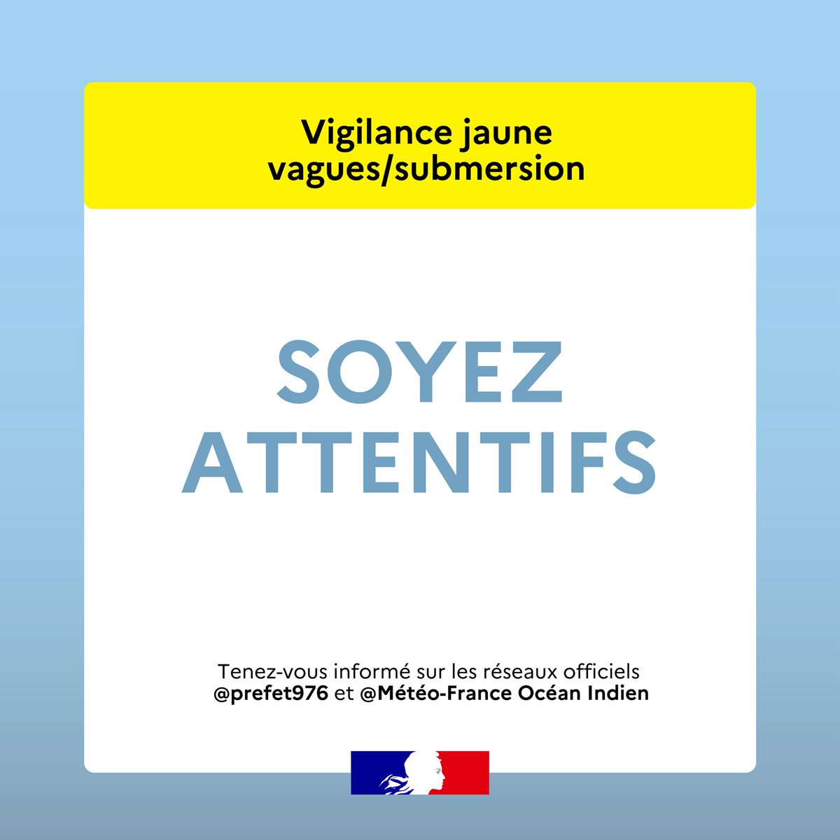 Image de Préfet de Mayotte - #Chenge
🟡 Une vigilance jaune est émise s'agissant des risques vagues submersion par Météo France