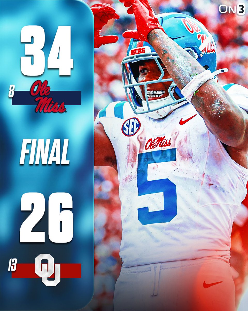 On3sports's tweet image. Lane Kiffin and Ole Miss beat No. 13 Oklahoma in Norman🦈

on3.com/teams/ole-miss…