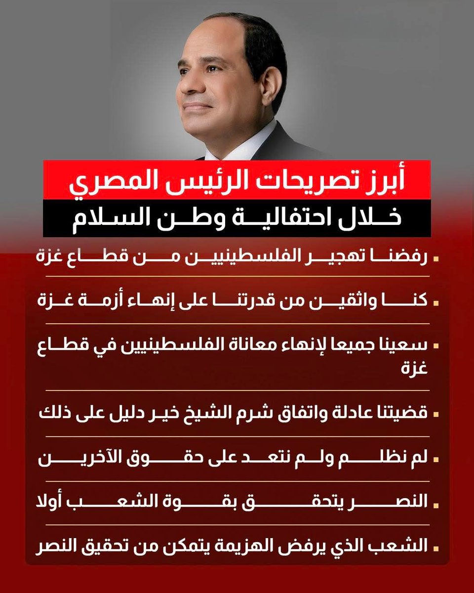 الرئيس السيسي: لم نظلم أحدًا ولم نتعدَ على حقوق الآخرين
موقف مصر المشرف بيأكد إن السلام قوة مش ضعف 💪
#وطن_السلام #فلسطين #غزة