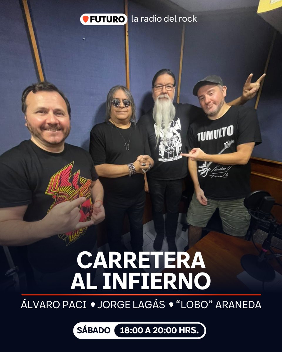 Comienza #CarreteraAlInfierno en Futuro, que tendrá a <a href="/Alvaropaci/">Alvaro Paci</a>, <a href="/cerebroatomico/">jorge ignacio</a> y <a href="/loboaraneda/">Lobo</a> conversando con "Nano" Ponce, vocalista de la mitica banda chilena Arena Movediza.

Escúchalos por la 88.9 y la señal online envivo.futuro.cl. 🤘
