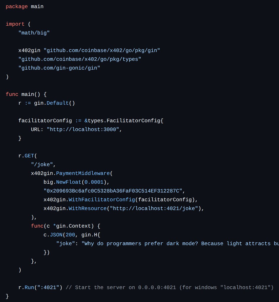 0xJackMarsh's tweet image. So @coinbase's x402 Go lib uses Gin...
Has anyone built this for real production systems? Or am I building the gRPC gateway middleware for this myself..?
🤔