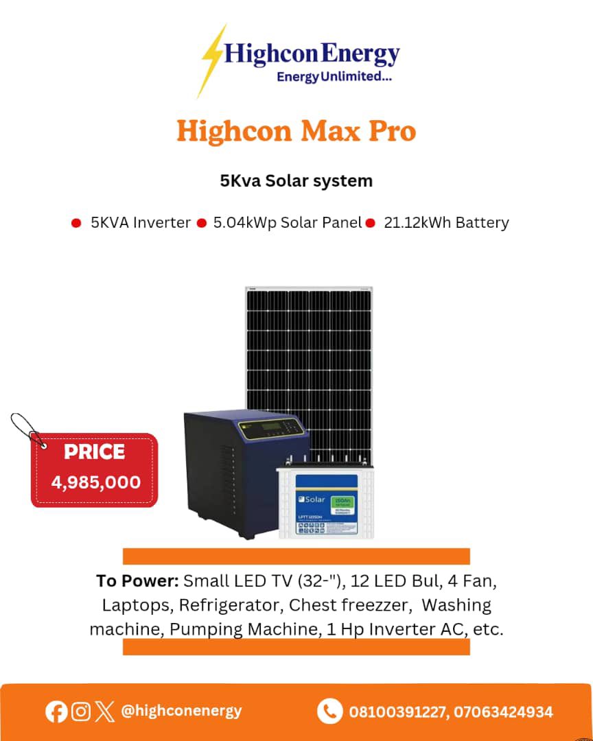 Oyindamorela_'s tweet photo. Go Solar. Go Smart. Go Highcon!

Meet the Highcon Max Pro – 5KVA Solar System, your reliable energy solution for homes and offices.
5KVA Inverter. 5.04kWp Solar Panel
21.12kWh Battery
Powers: TV, 12 LED Bulbs, 4 fan, Refrigerator , Washing Machine, AC, etc. 

Price: ₦4,985,000 https://t.co/ZnWY5iZfga