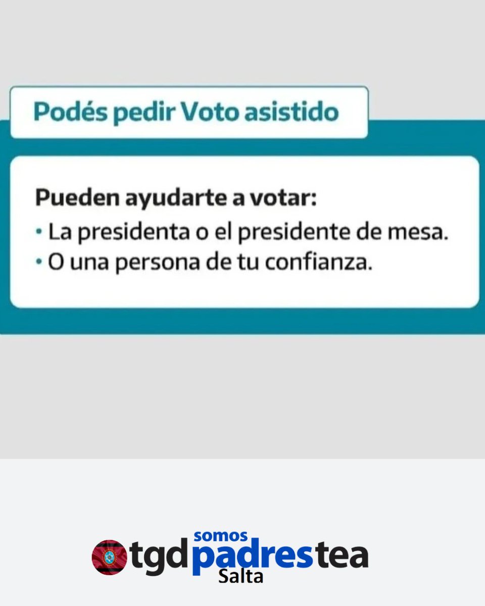 Votar es tu derecho. Para ejercerlo, recordá que:

✨️ podés votar sin hacer fila

✨️ podés votar con asistencia de una persona de tu confianza o del/ de la presidente de mesa

✨️ podés votar en la Cabina de votación accesible

#votoaccesible <a href="/GustavoSaenzOK/">Gustavo Sáenz</a> <a href="/CristinaFioreV/">CristinaFioreV</a>