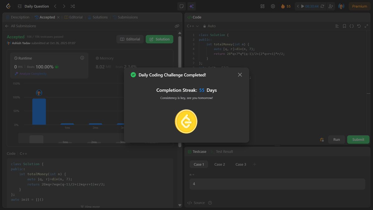 ASHISHK3712's tweet image. Day 55/100 of Consistency 🔥
Swam through “Calculate Money in Leetcode Bank"📷 
#LeetCode #POTD streak goes on!            
100-day challenge looking more real every day 📷 🏁