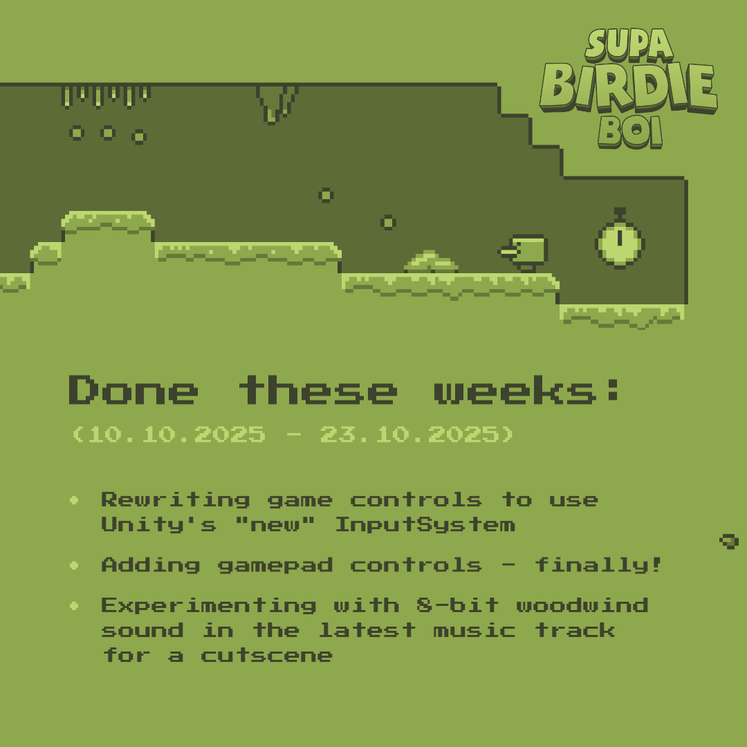 SupaBirdieBoi's tweet photo. We wanted to add gamepad controls since 2021, when our demo was released. ๐ฎ
Lo and behold, for we are tackling this topic with promising results. (finally...) #DoneThisWeek
#gamedev #indiegame #indiedev #retrogame #gameboy #pixelgame #gamedevelopment https://t.co/tKGPKaNfh8