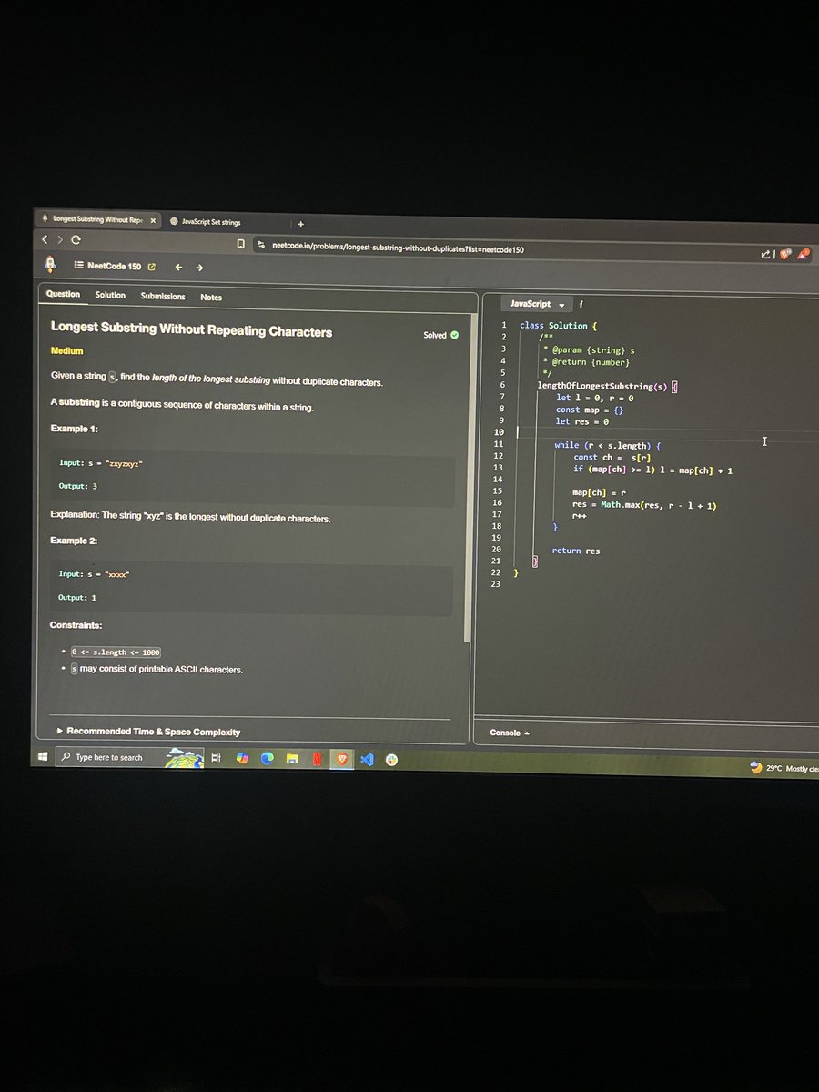 raheemdevs's tweet image. Day 12/150
Problem: Longest Substring Without Repeating Characters

Used a sliding window with two pointers to track the longest stretch of unique characters.
Each char’s last seen index lets me skip duplicates in O(1) time.

⏱️ O(n) time | 💾 O(k) space

#NeetCode #100DaysOfCode