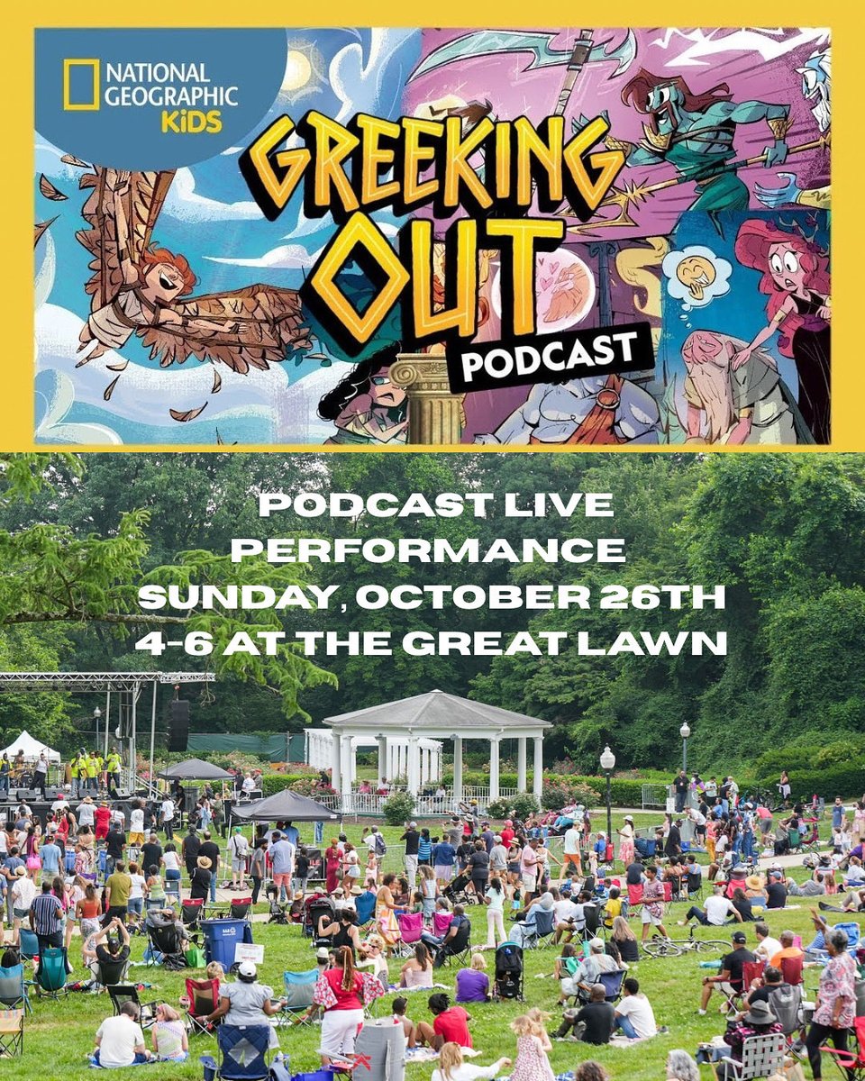 Join us  a mythical afternoon with Nat Geo Kids and the Greeking Out podcast LIVE tomorrow 4-6pm at The Great Lawn!🏛️✨ 
Meet Kenny, Jillian, and the Oracle of Wifi in person, enjoy delicious eats 🌮🍧, and come dressed as your fave Greek mythology hero or villain! 

#theparksdc