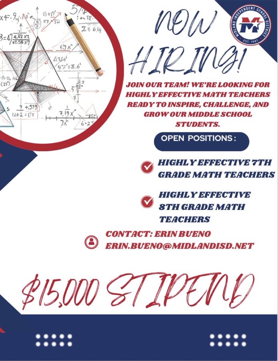 We are looking for the best of the best and we are willing to make a serious financial investment. Help find Alamo’s next math teacher by sharing this opportunity! 

Interested parties can email their resume directly to alamo@midlandisd.net. 

*Open for immediate hire.