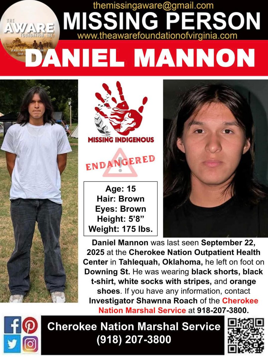 ***MISSING ENDANGERED JUVENILE*** TAHLEQUAH, OKLAHOMA
Daniel Mannon was last seen September 22, 2025 at the Cherokee Nation Outpatient Health Center in Tahlequah, Oklahoma, he left on foot on Downing St. He was wearing black shorts, black t-shirt, white socks with stripes, and
