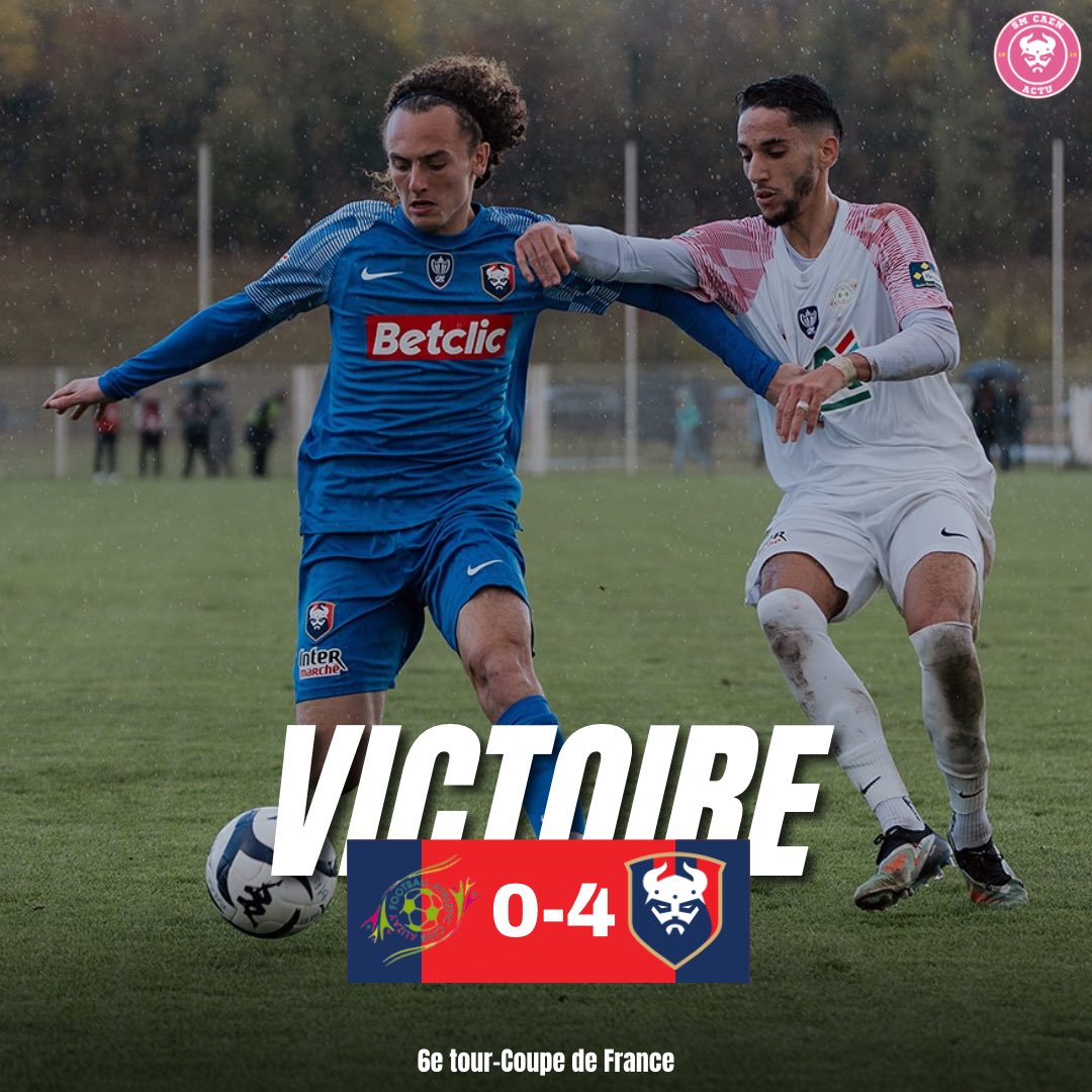 smcaenactu's tweet photo. VICTOIIIRE ✅
Sérieux, les Caennais s’imposent (0-4) contre le FAC Alizay (R2). Le SM Caen est donc qualifié pour le 7e tour de la Coupe de France. 👊
⚽️ Belkacem Dali-Amar 45’
⚽️ Armand Gnanduillet 66’
⚽️ Ronny Labonne 86’
⚽️ Gabin Tomé 90’
📸 @SMCaen
#TeamSMC | #FACASMC https://t.co/RG0S3ZoiMO