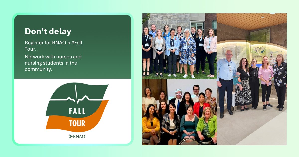 🚨ATTENTION RNAO MEMBERS: Chapters, regions without a chapter &amp; interest groups are hosting #FallTour visits to discuss thoughts, ideas &amp; questions related to #nursing, health and health care.

This is your chance to gain better knowledge of RNAO and its purpose, advocacy and