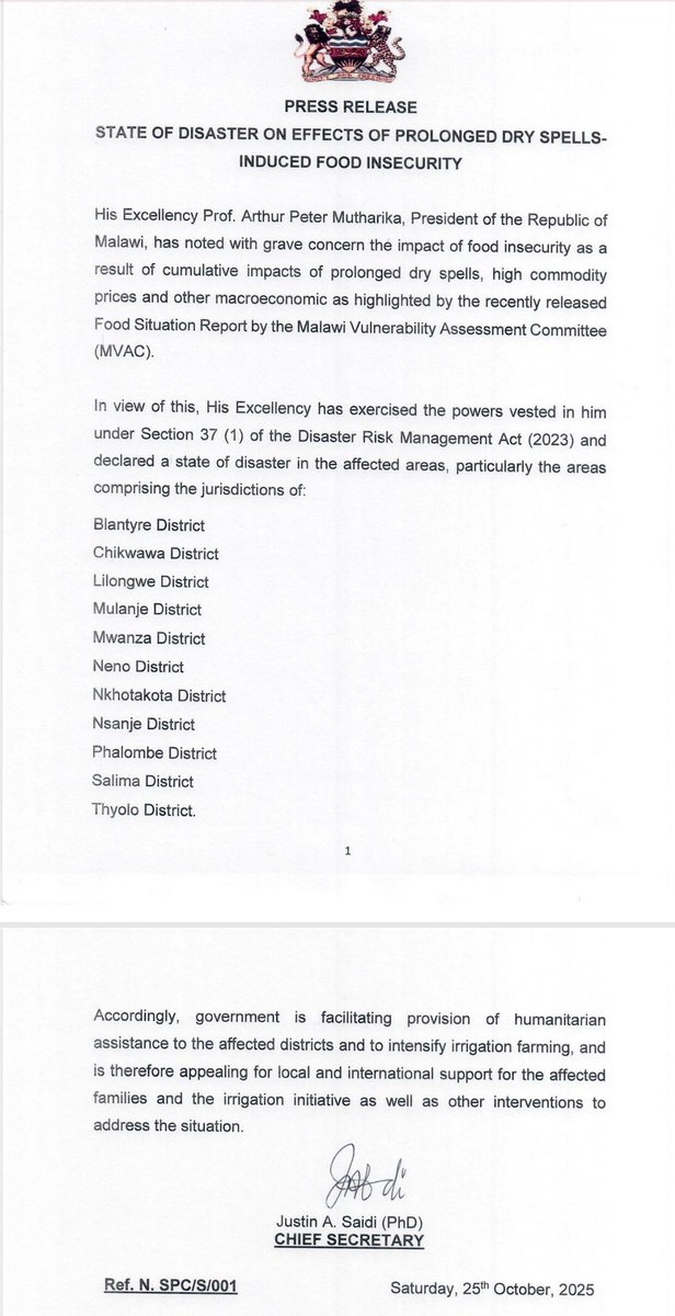 Malawi Declares State of Disaster Following Prolonged Dry Spells-Induced Food Insecurity 
facebook.com/share/p/17ALgs…