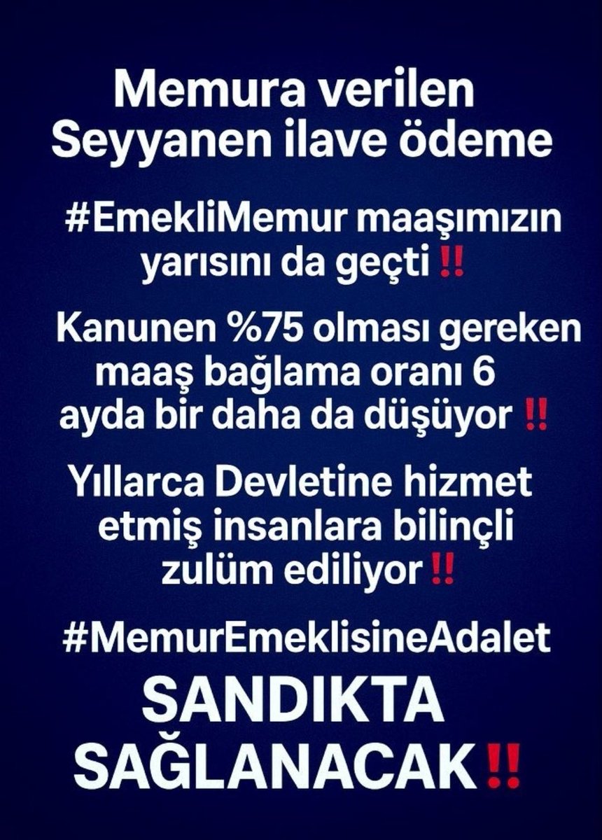2.5 Milyon #EmekliMemur'un   Kanuna rağmen  29 ay önce <a href="/TBMMGenelKurulu/">TBMM Genel Kurulu</a>' nda <a href="/Akparti/">AK Parti</a> 
<a href="/MHP_Bilgi/">MHP</a> Hukuka aykırı 375/40 KHK yla
seyyanen zam hakkına el koydu❗ #MemurEmeklisineAdalet için
Seyyanen zam hakkımızı istiyoruz‼️
<a href="/tcbestepe/">T.C. Cumhurbaşkanlığı</a>
<a href="/RTErdogan/">Recep Tayyip Erdoğan</a>
<a href="/AKPartiTBMMGrup/">TBMM AK Parti Grup Başkanlığı</a>
<a href="/iletisim/">T.C. İletişim Başkanlığı</a>