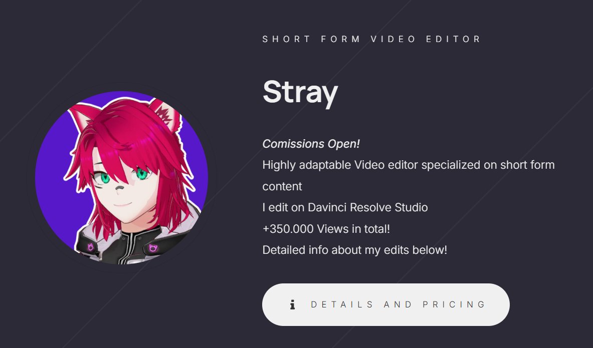 I have released my Video Editing C*mmission page!!
✔️strayedits.carrd.co
Please check it out!
First 5 Slots will have a special price!
I work in english and español!
#Vtuber #ENVtuber #VtuberES