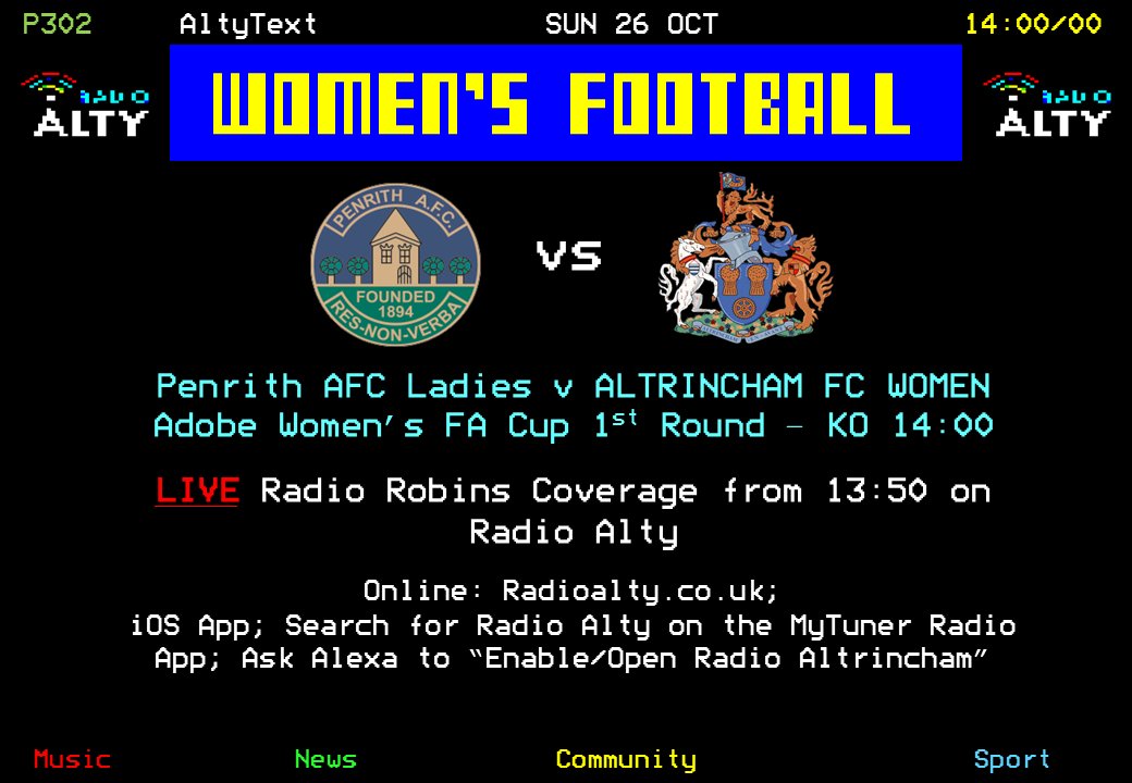 It's another huge Sunday for <a href="/AltrinchamFCW/">Altrincham FC Women</a> tomorrow as they travel to <a href="/PAFCLadies/">PenrithAFCLadies</a> in the 1st Round of the <a href="/AdobeWFACup/">Adobe Women's FA Cup</a>. Live Radio Robins commentary from <a href="/HoddersUK/">Sam Hodkin (He/Him/Human)</a>, Ian Wilkinson and <a href="/tomjolley9/">Tom Jolley</a> is live from 13:50 on Radio Alty - the official Robins station. #YourTownYourClub