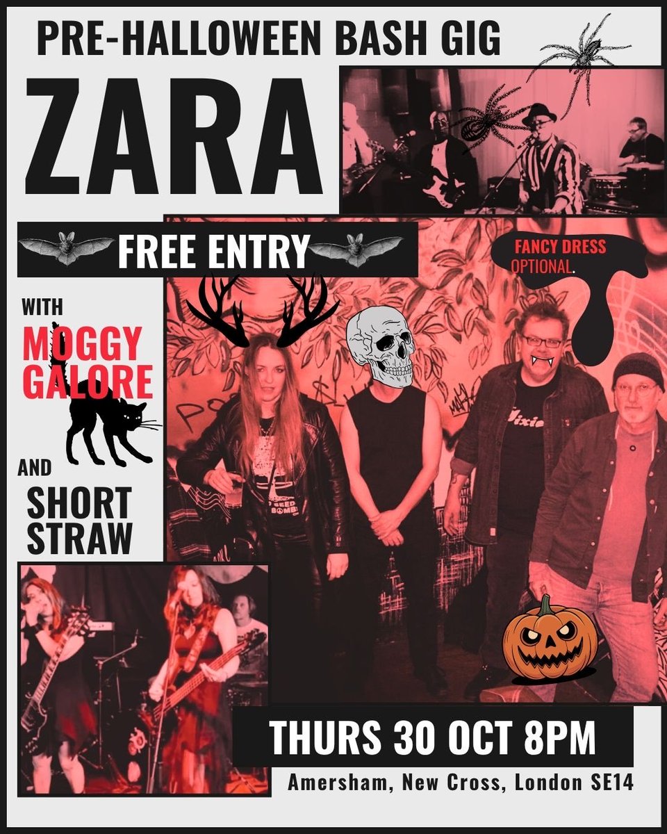 ZaraGarrod's tweet photo. My band ZARA playing @amershamarms #NewCross on the eve of #Halloween and we are supported by Short Straw grungers and Moggy Galore rockers from #Deptford. This celebration in FREE. Maybe you’re a  #Goldsmiths student looking for a party 🎃 Fancy dress encouraged #gothicrock https://t.co/gTzGAEq55m