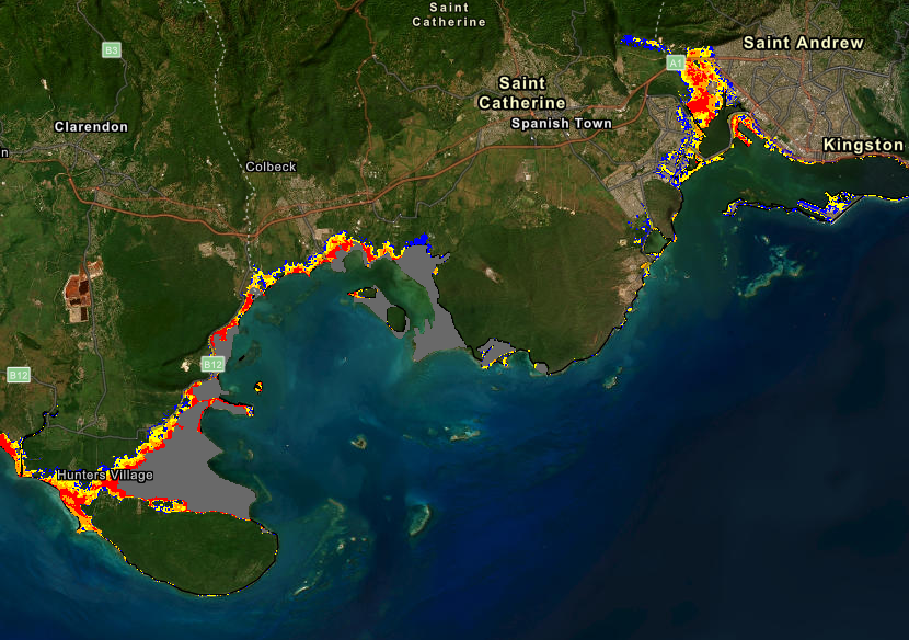 hurricane_chase's tweet photo. Storm Surge in #Jamaica is expected to be CATASTROPHIC, especially in parts of Clarendon, Saint Catherine, Saint Andrew, and Kingston parishes. Anywhere highlighted in red could see a sea level rise of 9 FEET OR MORE! This is UNSURVIVABLE!