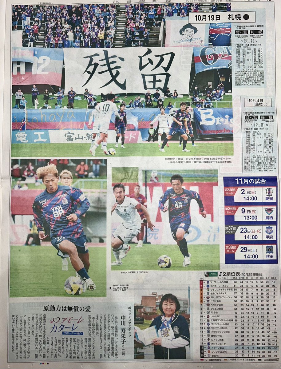 メディア掲載情報📰

本日の #北日本新聞 に
マンスリーカターレ10月号が掲載されました！
｢アモーレカターレ｣ではボランティアスタッフ 中川寿栄子さんが紹介！いつもありがとうございます！

そして本日は🆚#レノファ山口FC ！
勝利をつかむべくチーム全員で挑みます！