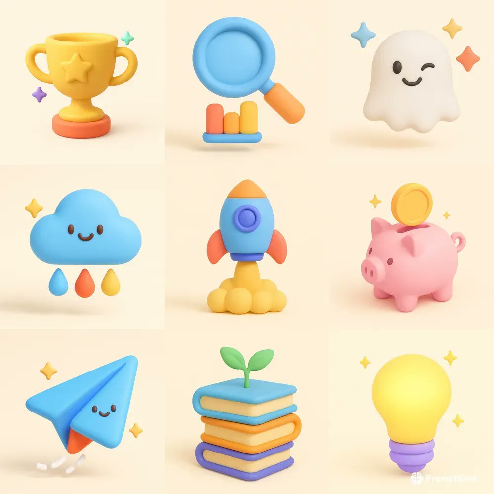 promptbase's tweet image. 3D Soft Playful Icons by @kutaui using ChatGPT Image 🎨🔄