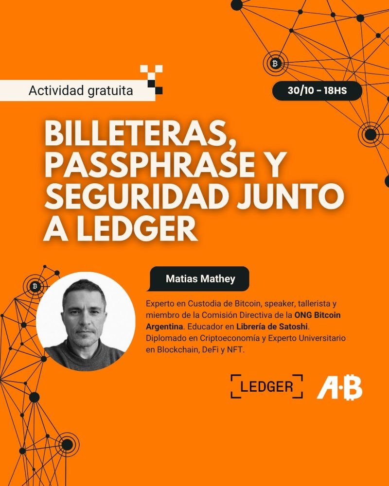 SoyDanielP2P's tweet image. ¿Ya te anotaste?*
-> Este jueves 30/Oct de 18 a 20 Horas (ARG) tenemos el Webinar Gratuito sobre *Billeteras, Passphrase y Seguridad junto a 🔐Ledger.
💻 Por Zoom | 🎙️ Speaker de la ONG Bitcoin .Ar  @matheymatias
Incluye demo en vivo y espacio para preguntas 👇
👉…