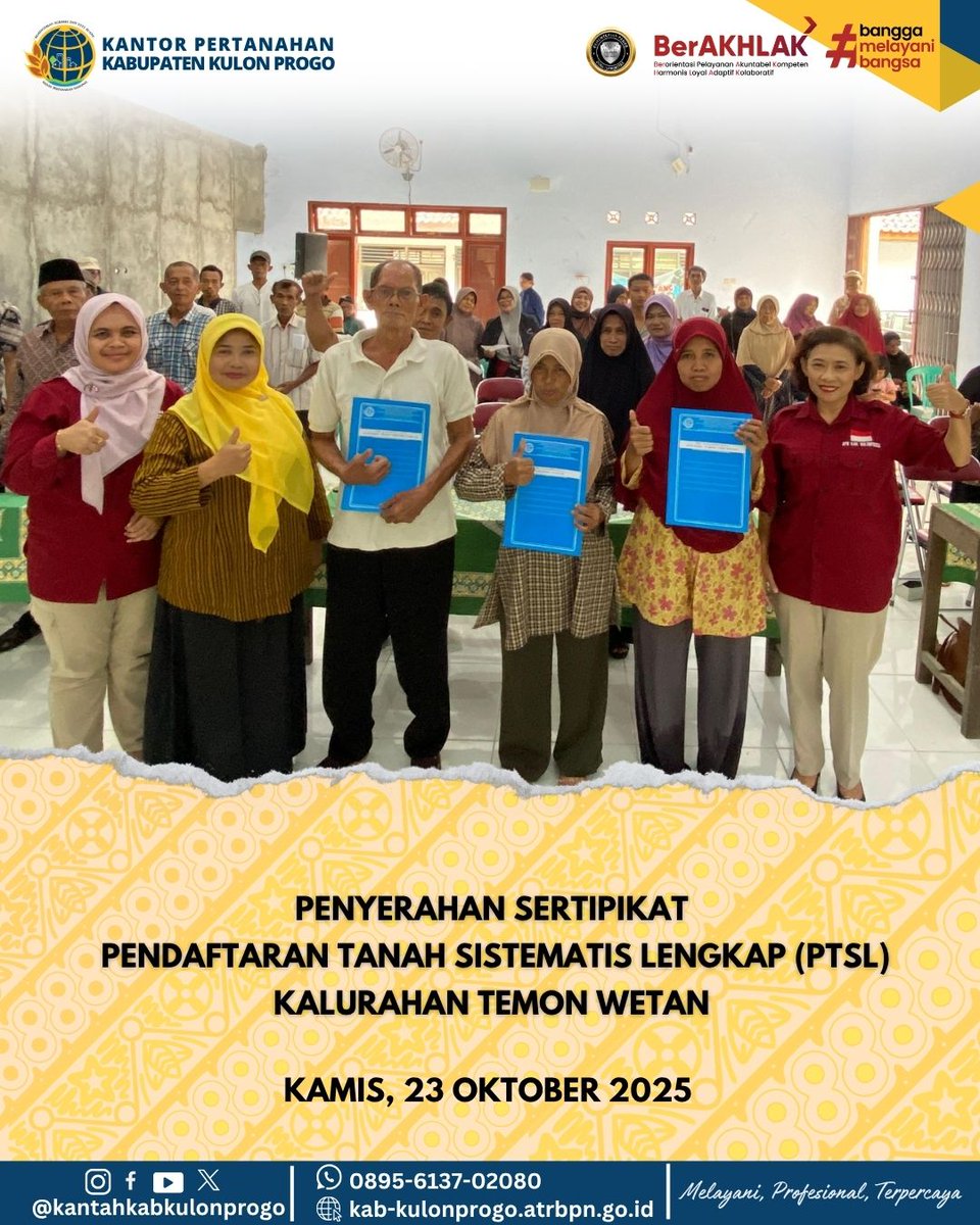 atr_bpnkprogo's tweet image. Hallo,#sobatATRBPNKulonProgo

Kantor Pertanahan Kabupaten Kulon Progo kembali menyerahkan 90 sertipikat hak atas tanah elektronik kepada warga Kalurahan Temon Wetan, Kapanewon Temon, Kamis (23/10). 

#PTSLTemon2025
#PTSLKulonProgo2025
#SertipikatElektronik
#KantahKulonProgo
