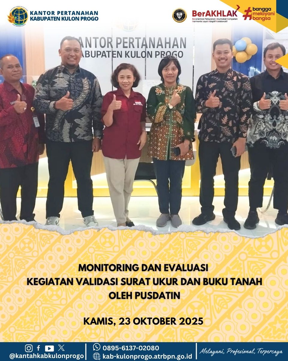 atr_bpnkprogo's tweet image. Hallo,#sobatATRBPNKulonProgo

Pusdatin Kementerian ATR/BPN RI - Kamis, 23 Oktober 2025 melaksanakan Monitoring dan Evaluasi Internal terhadap Kegiatan Verifikasi dan Validasi Surat Ukur dan Buku Tanah di Kantor Kabupaten Kulon Progo.

#KegiatanPusdatinBPN
#MonevPusdatinBPNRI