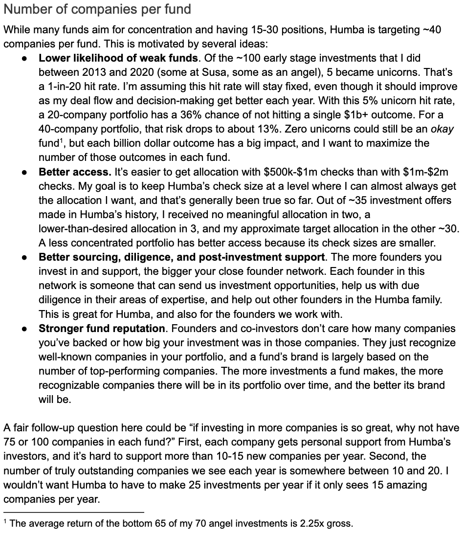 lpolovets's tweet image. I covered this in a quarterly LP letter last year (screenshot below). IMHO larger VC portfolios are underrated:
* Portfolio network effects -&amp;gt; better sourcing, diligence, support for founders
* Brands are built on # of winners
* More investments -&amp;gt; smaller checks -&amp;gt; easier access
