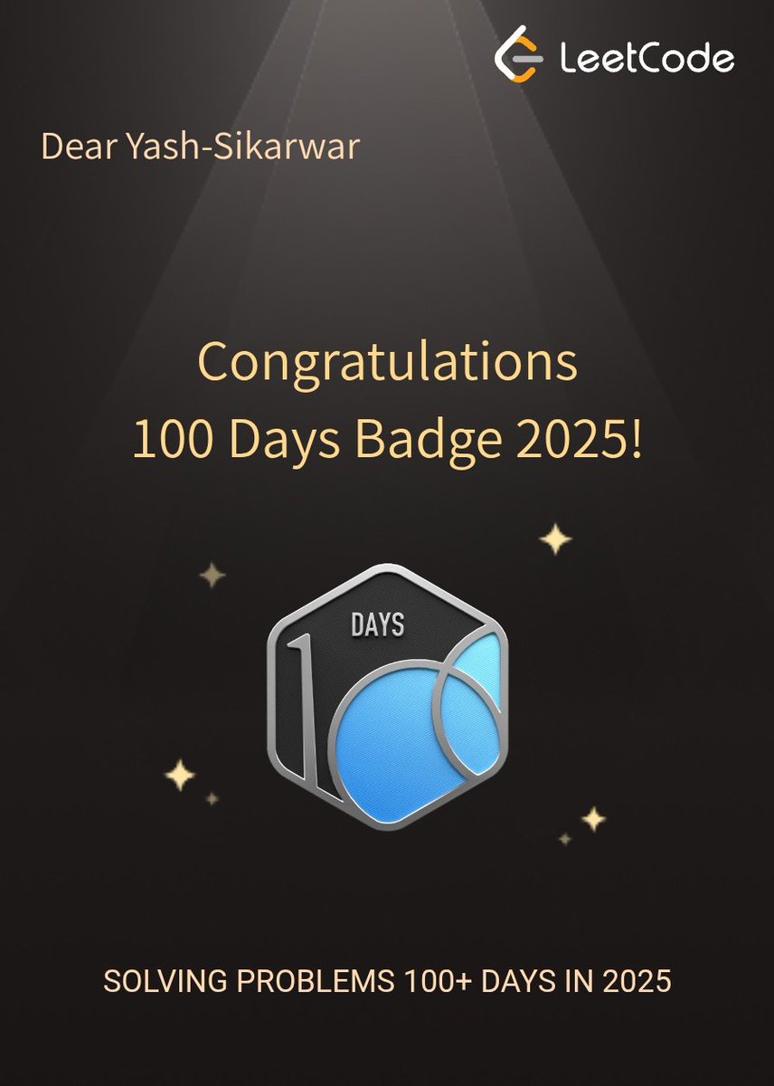 YashSikarwar28's tweet image. 100 days on LeetCode successfully completed!!
Small but a meaningful milestone in this journey.
Proof that discipline>>motivation 
This is just the beginning... much more to come!
#LeetCode #CodingJourney