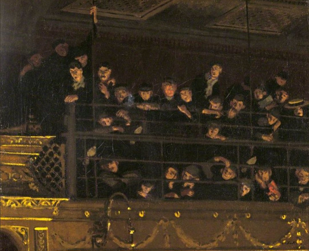 ahistoryinart's tweet image. Walter Sickert&apos;s &apos;Noctes Ambrosianae,&apos; (1906) holds a pun. Ambrosian Nights: ambrosia is the food of the gods; &apos;the gods&apos; is the nickname for a theatre&apos;s gallery, the high place where the cheap tickets are, where the impecunious, sit.