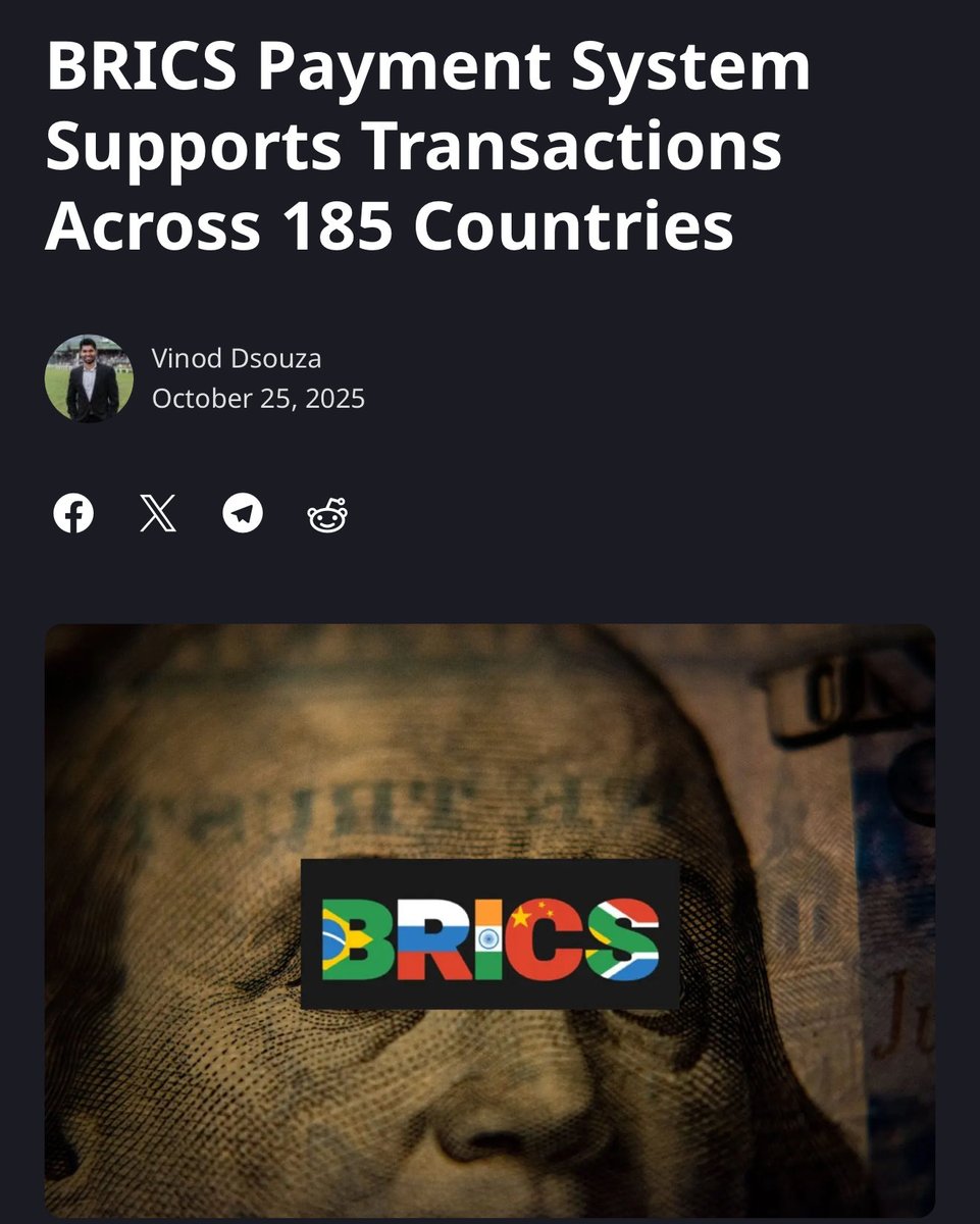 IslanderWORLD's tweet image. 185 countries can now trade using China’s BRICS-backed payment system —bypassing SWIFT, dodging sanctions, and draining the dollar’s blood supply.
If that doesn’t feel like the funeral drums of Western financial hegemony… you’re not paying attention.
The BRICS-led global…