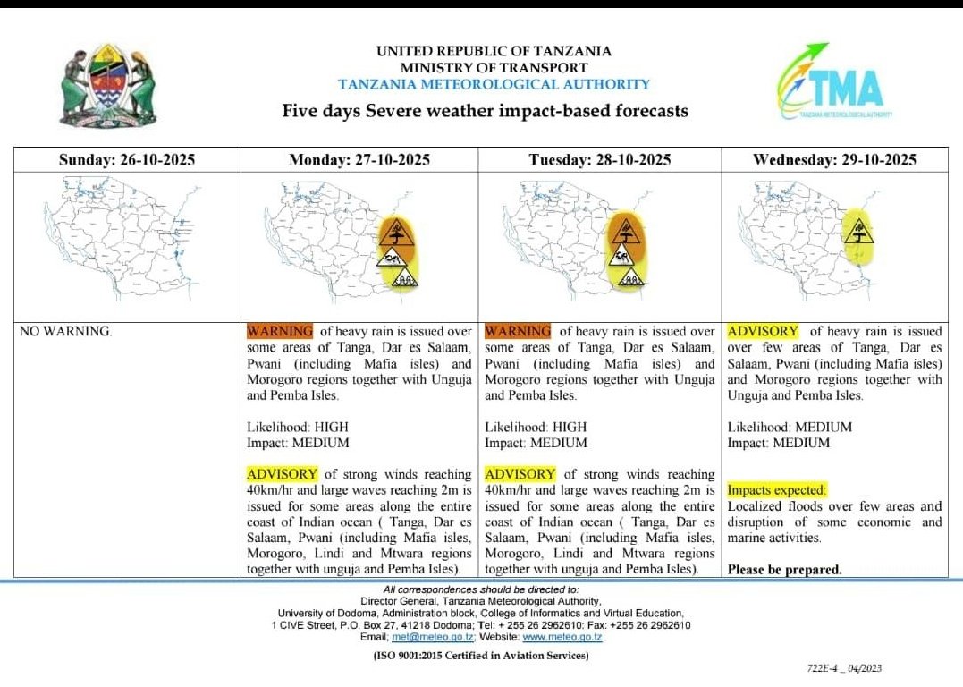 Buinah's tweet photo. @Liez_Liz @05BM44 Current model runs indicate the tropical depression will make landfall on Monday, resulting in heavy rainfall over Tanzania’s northern coast.
The TZ Met Authority has issued a severe weather alert for heavy rain and strong winds associated with the system. https://t.co/FGRmXaSHyX
