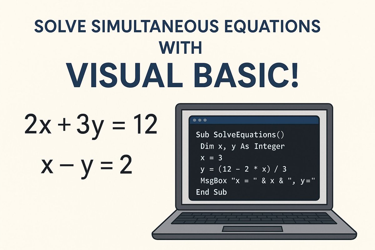 useOfMaths's tweet image. ð» + ð = ð
See how **Visual Basic** can solve **simultaneous equations** in two unknowns!
Perfect for students learning to code through maths.
ð usingmaths.com/junior_secondaâŠ
#STEM #MathEducation #VisualBasic #CodingForStudents