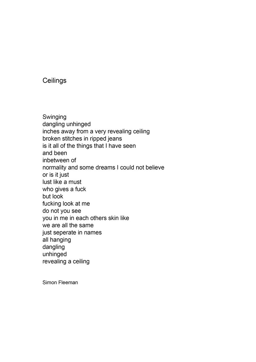 SimonFleeman1's tweet photo. Ceilings

Simon Fleeman

@susie_dent #poem #PoemADay #writing #WritingCommunity #writinglife #poetrylovers #poetsoftwitter #writersoftwitter #poet #poetrycommunity #Writer #loneliness #childhood #lonely #relationship #MentalHealthAwareness #love #painful #MentalHealth https://t.co/nqsSJ7TBmp