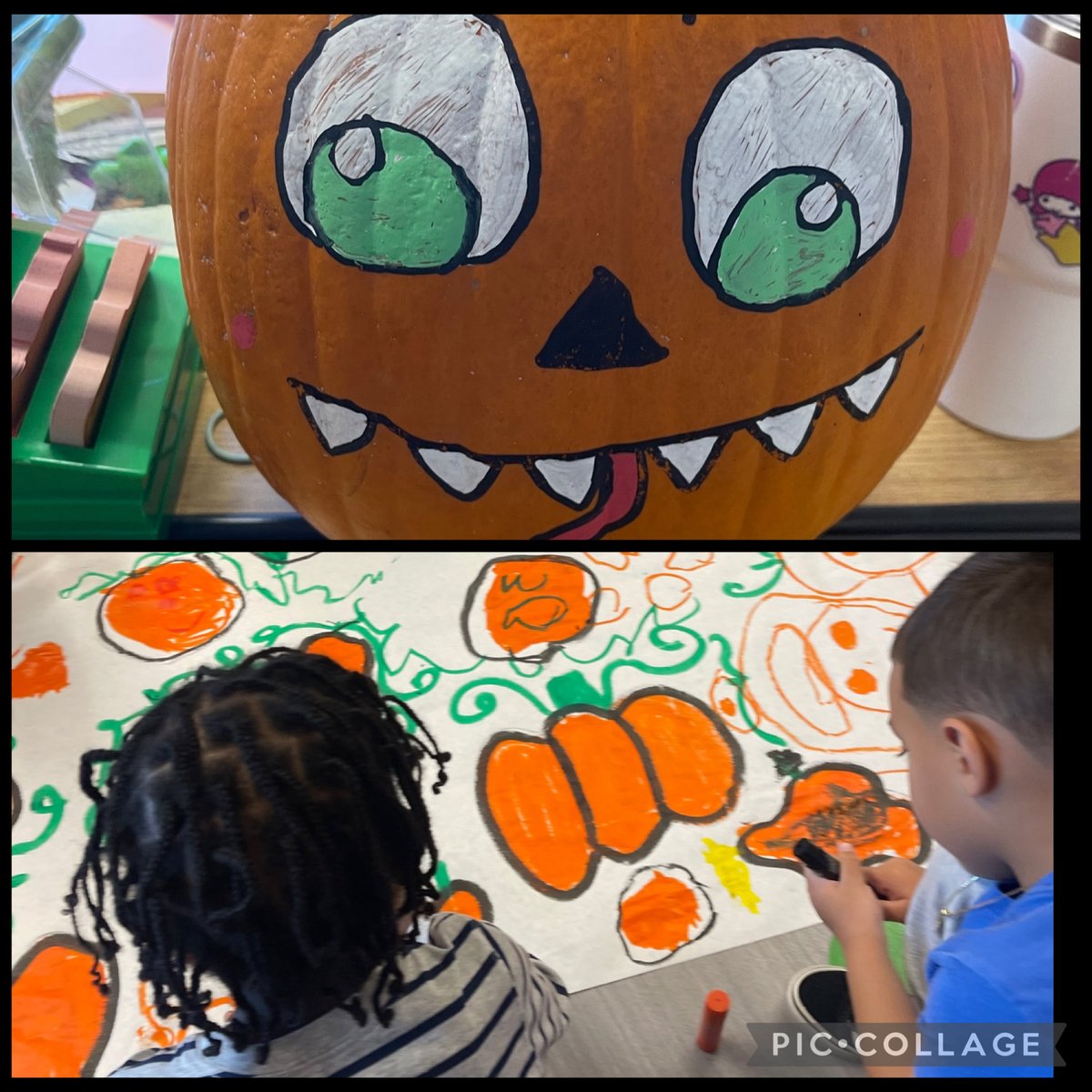 PB_Selover's tweet image. Boo! 👻 Ms. Megan’s class drew skeleton ☠️ lines during graphics practice and loved making pumpkin observations with their science eyes! 👀🎃