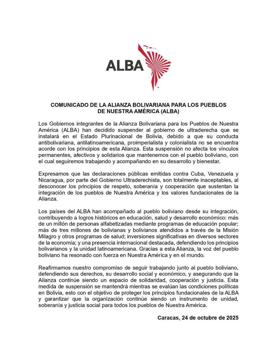 La Alianza Bolivariana para los Pueblos de Nuestra América (ALBA) anunció la suspensión del nuevo gobierno boliviano, calificándolo de antibolivariano y proimperialista.

🔗 Leer más: miu.do/comunicado-de-…

#ALBA 🌎 #Bolivia 🇧🇴 #UnidadLatinoamericana 🤝 #MIUInforma