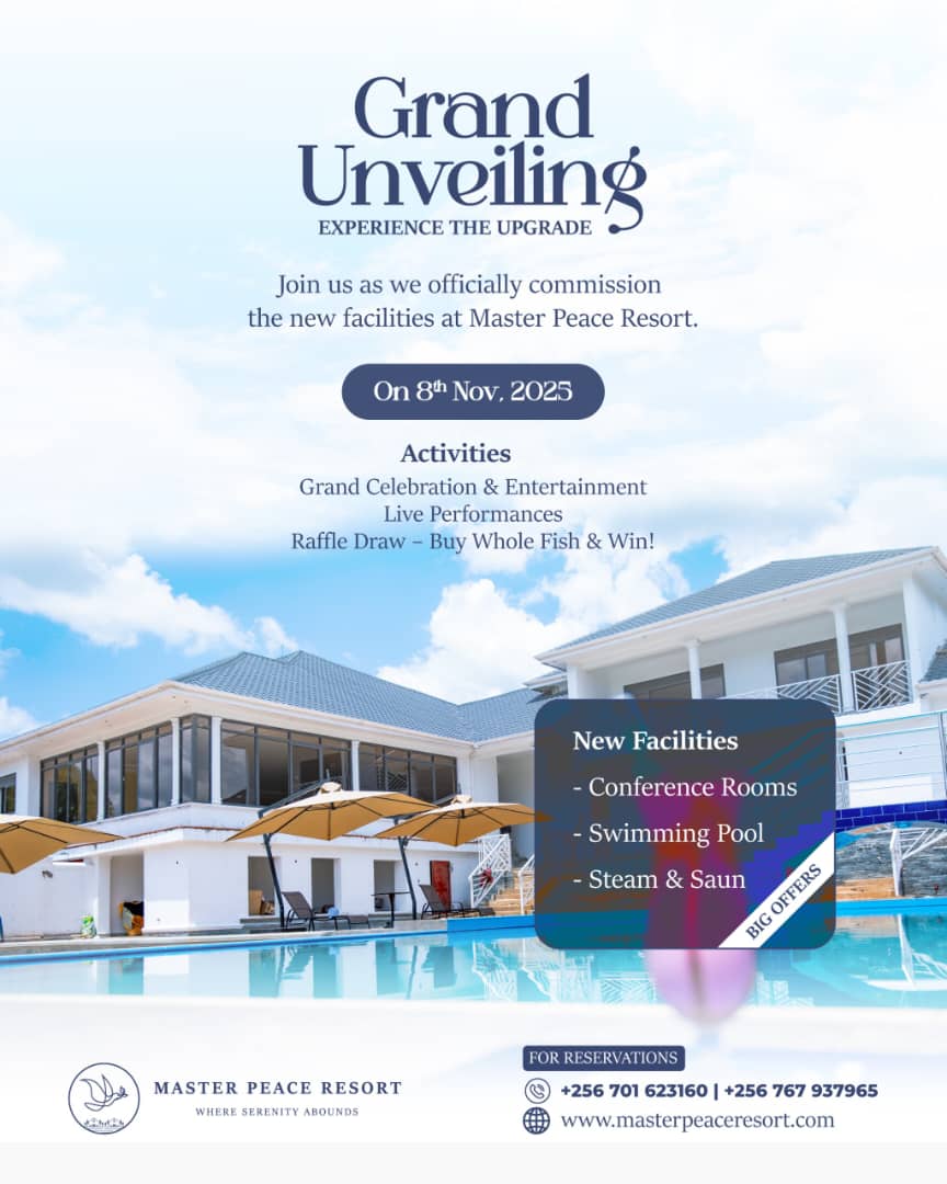 :

🎉 Grand Unveiling <a href="/Master_Resort/">Master Peace Resort</a>
8 Nov 2025, New facilities — 🏊‍♂️ Pool, 🧖‍♀️ Steam &amp; Sauna, 💼 Conference
✨ Where serenity abounds
🔗 masterpeaceresort.com

 #VisitUganda
#PearlOfAfrica
#UgandaTravel