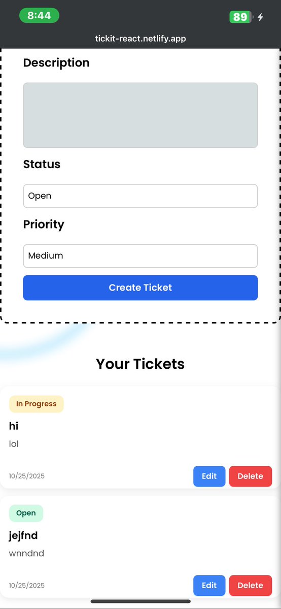 ehiz_dev's tweet image. Just wrapped up a simple ticket management dashboard app, Tickit, using React
Users can:
Create, edit & delete support tickets, View quick stats on the dashboard, Stay logged in automatically
fully front end logic, state mgmt with context, routing with react router
url 👇