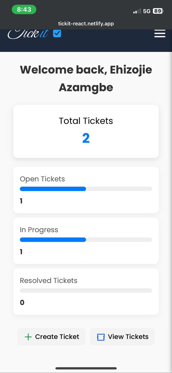 ehiz_dev's tweet image. Just wrapped up a simple ticket management dashboard app, Tickit, using React
Users can:
Create, edit & delete support tickets, View quick stats on the dashboard, Stay logged in automatically
fully front end logic, state mgmt with context, routing with react router
url 👇
