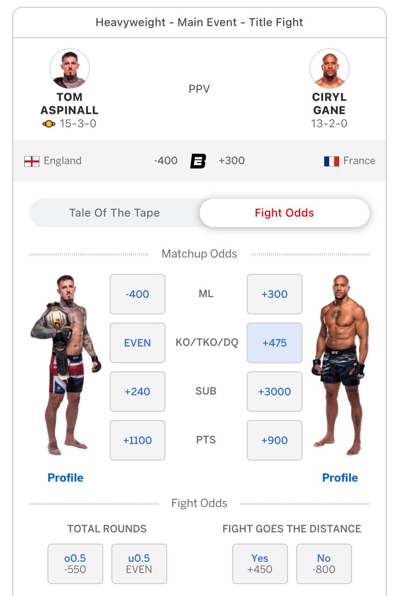 Fight_Algorithm's tweet image. It’s finally time for the Main Event of #UFC321!
Picking:
⭐️ Aspinal to Win (-400) 
⭐️ By KO (-115) 
⭐️ In Rounds 2, 3 or 4 (+310)
Let’s go!
#UFC #UFC321 #FightAlgo
